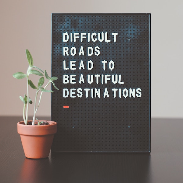 Small plant in a pot next to a sign that says difficult roads lead to beautiful destinations